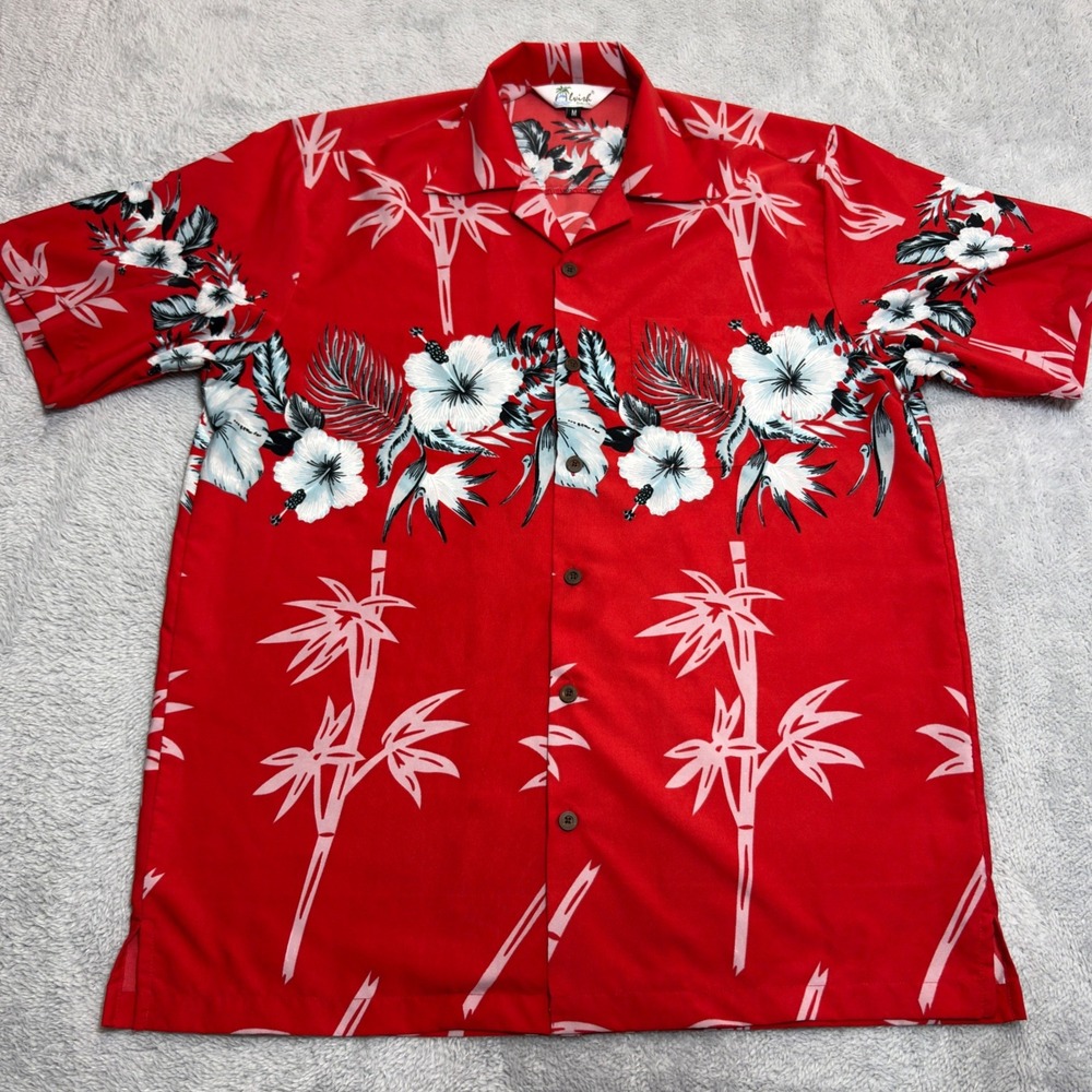 Alvish Hawaiian Shirt Mens Medium Red Hibiscus Bamboo Tropical Camp Button Down
